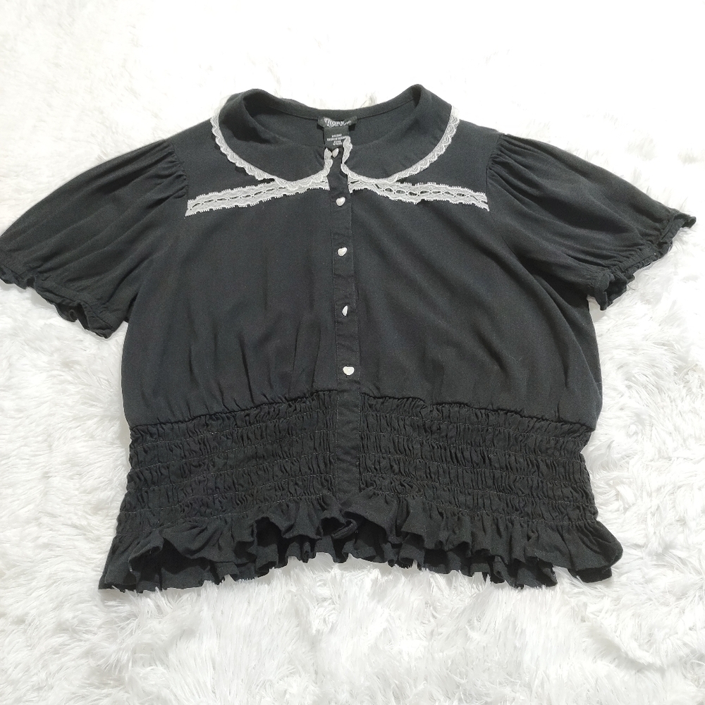Thorn & Fable 3X White Trim Lave Black Blouse Bubble Sleeves Elastic Waist